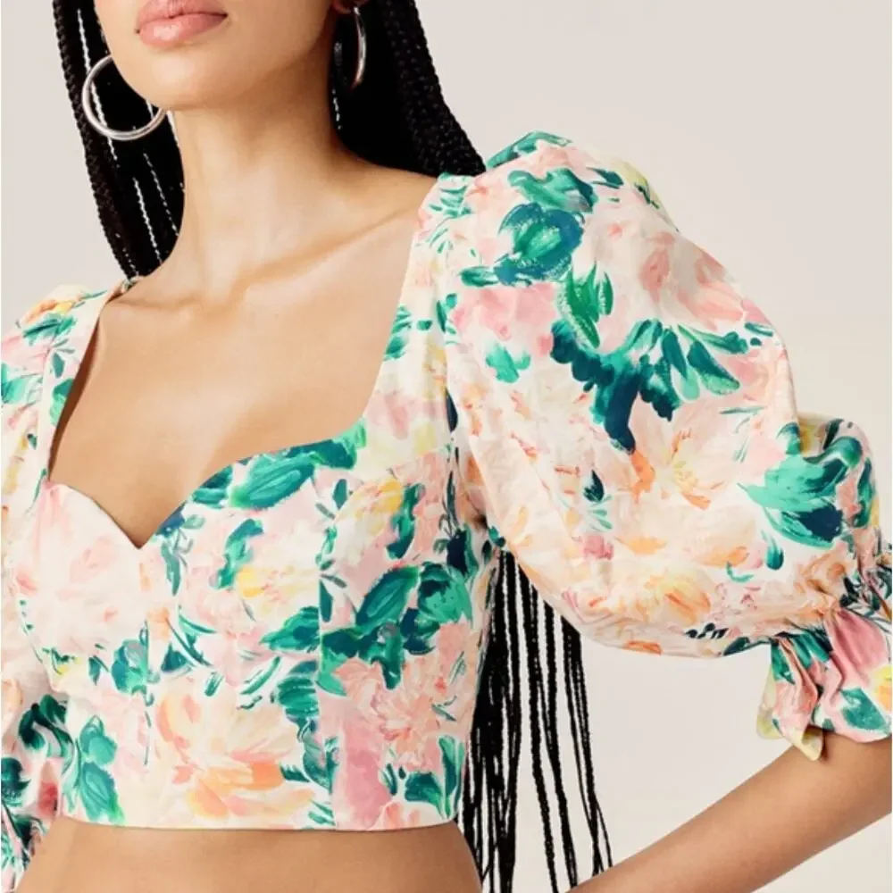 For Love & Lemons Holis Lace Up Crop Top Floral Puff Sleeves Sweetheart And XS - Picture 6 of 9